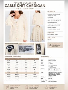 Future Collective Cable Knit Cardigan Sweater – 1X – NWT – Cream